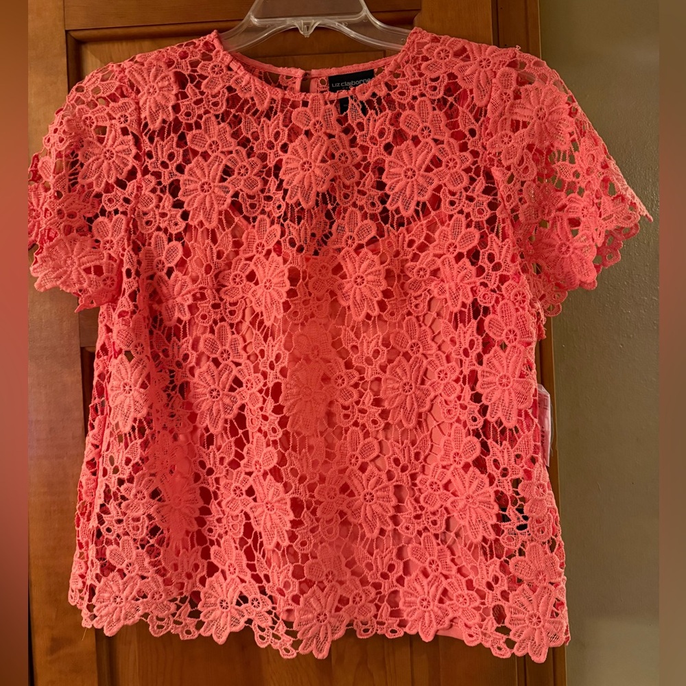 Liz Claiborne Coral Floral Lace Short Sleeve Blouse